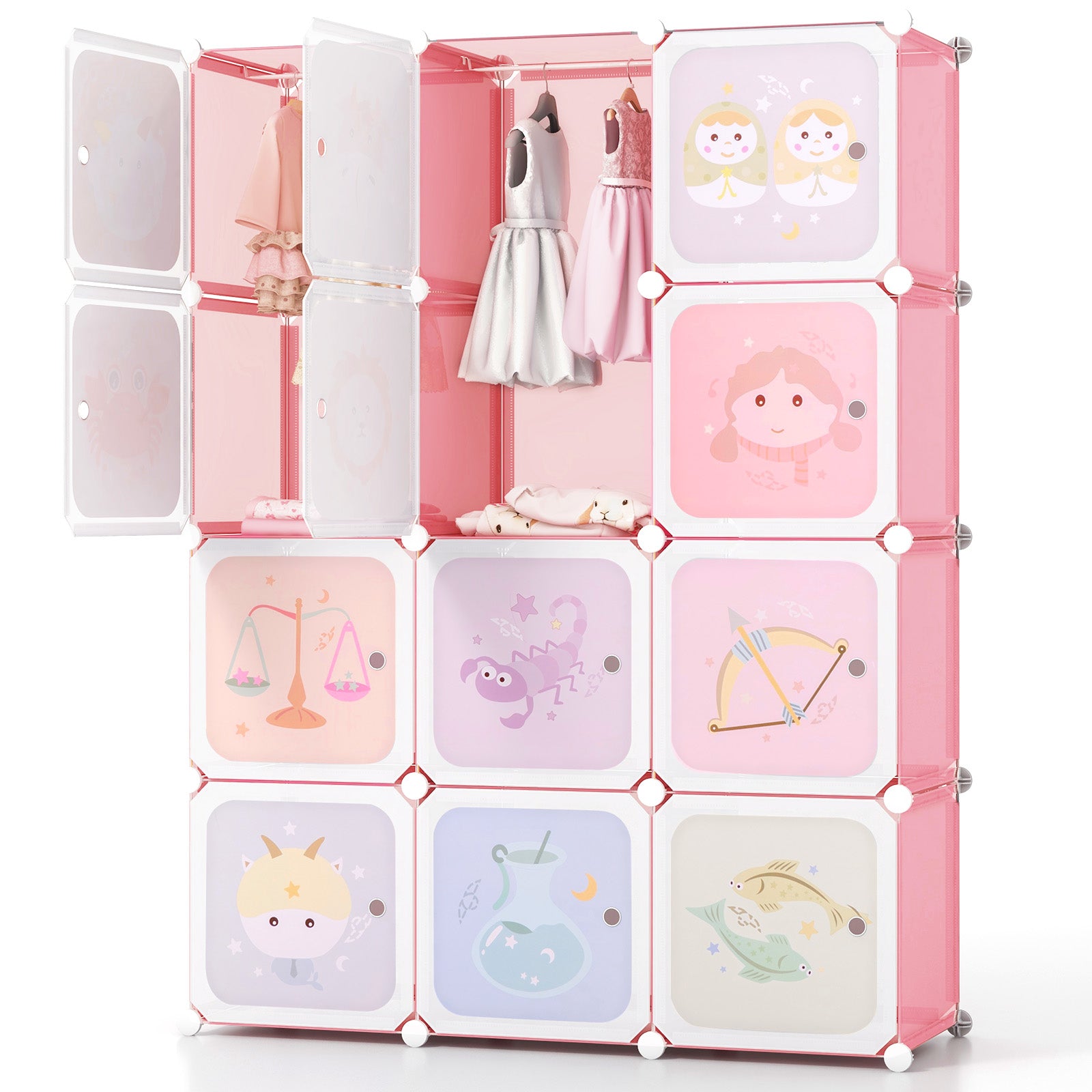 12 Cube Kids Wardrobe Closet with Hanging Section and Doors-White and Pink, White & Pink Kids Storage White & Pink at Gallery Canada