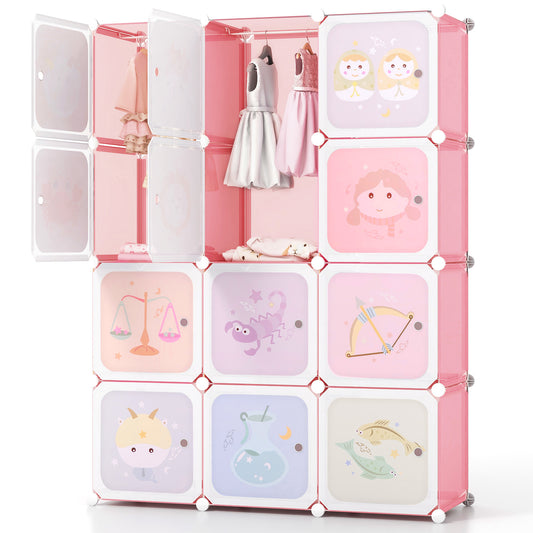12 Cube Kids Wardrobe Closet, Hanging Section, Doors, White And Pink
