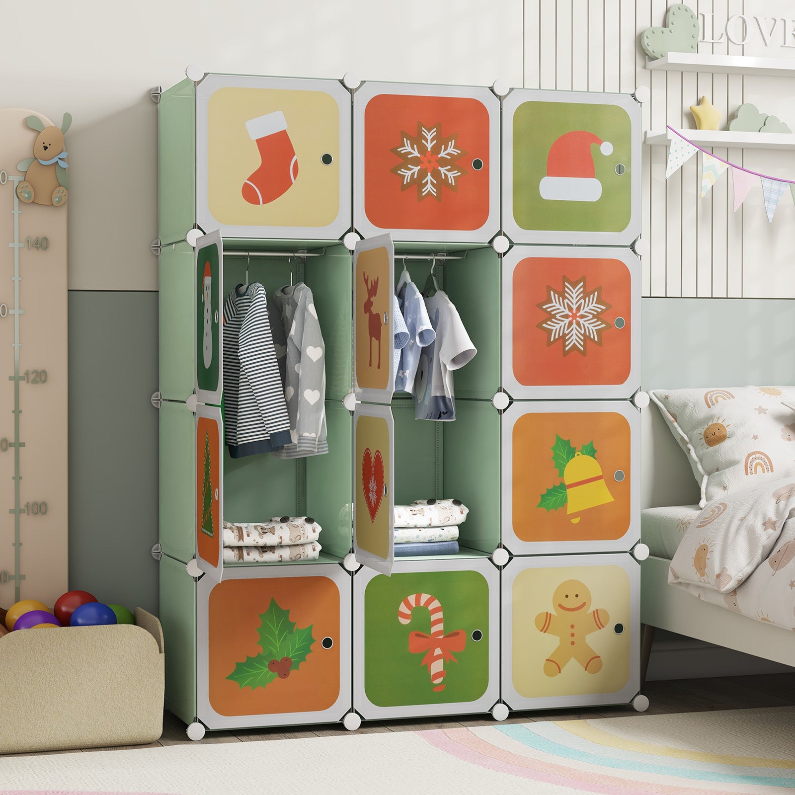 12 Cube Kids Wardrobe Closet with Hanging Section and Doors, Green Kids Storage at Gallery Canada