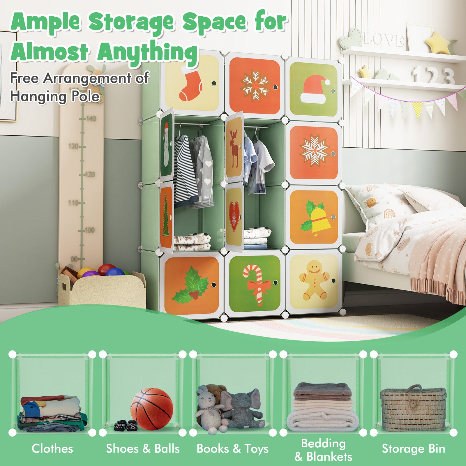 12 Cube Kids Wardrobe Closet with Hanging Section and Doors, Green Kids Storage at Gallery Canada