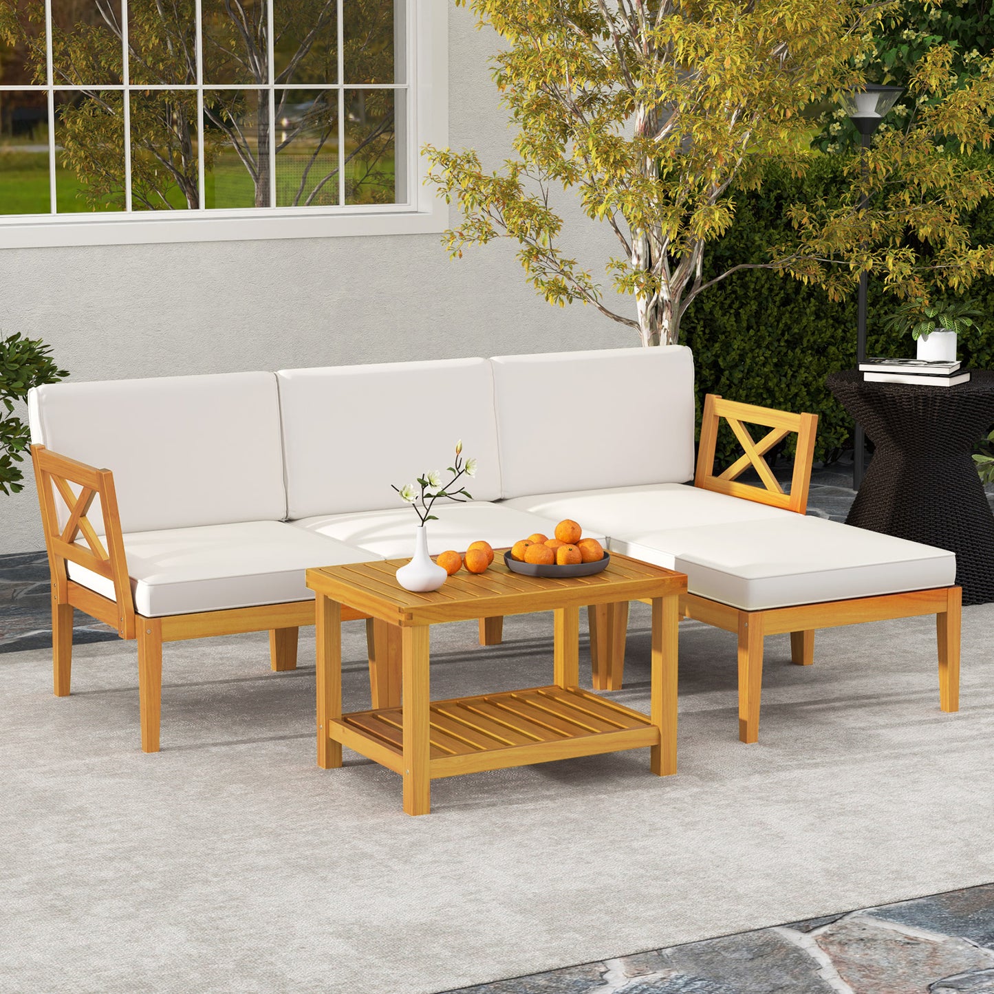 5 Pieces Acacia Wood Patio Furniture Set with 2-Tier Coffee Table and Cushions, White Patio Conversation Sets at Gallery Canada
