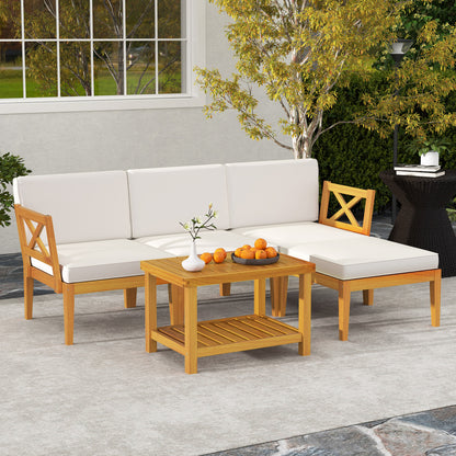 5 Pieces Acacia Wood Patio Furniture Set with 2-Tier Coffee Table and Cushions, White Patio Conversation Sets at Gallery Canada