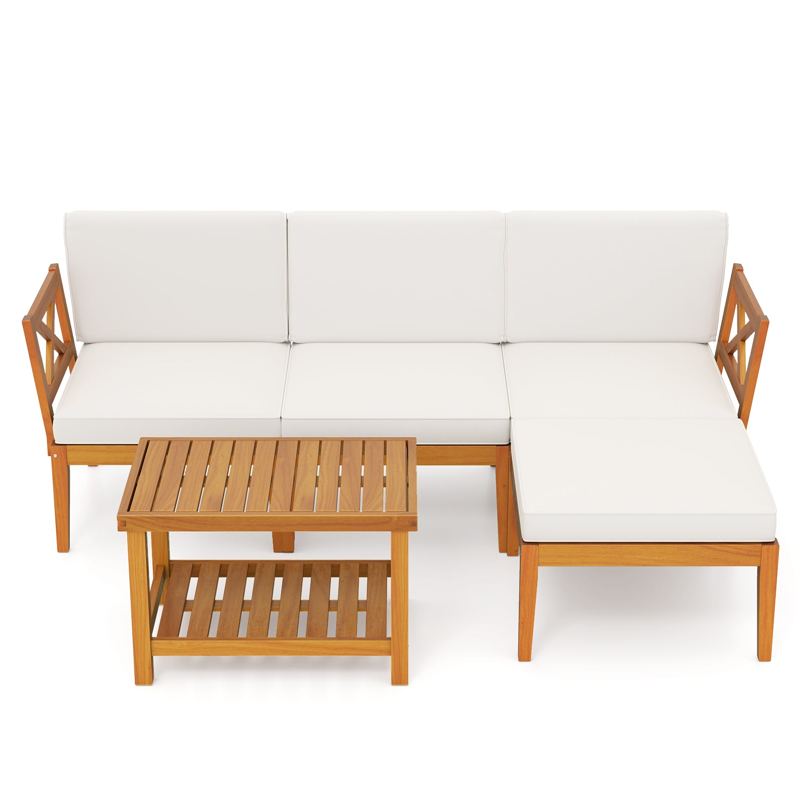 5 Pieces Acacia Wood Patio Furniture Set with 2-Tier Coffee Table and Cushions, White Patio Conversation Sets at Gallery Canada