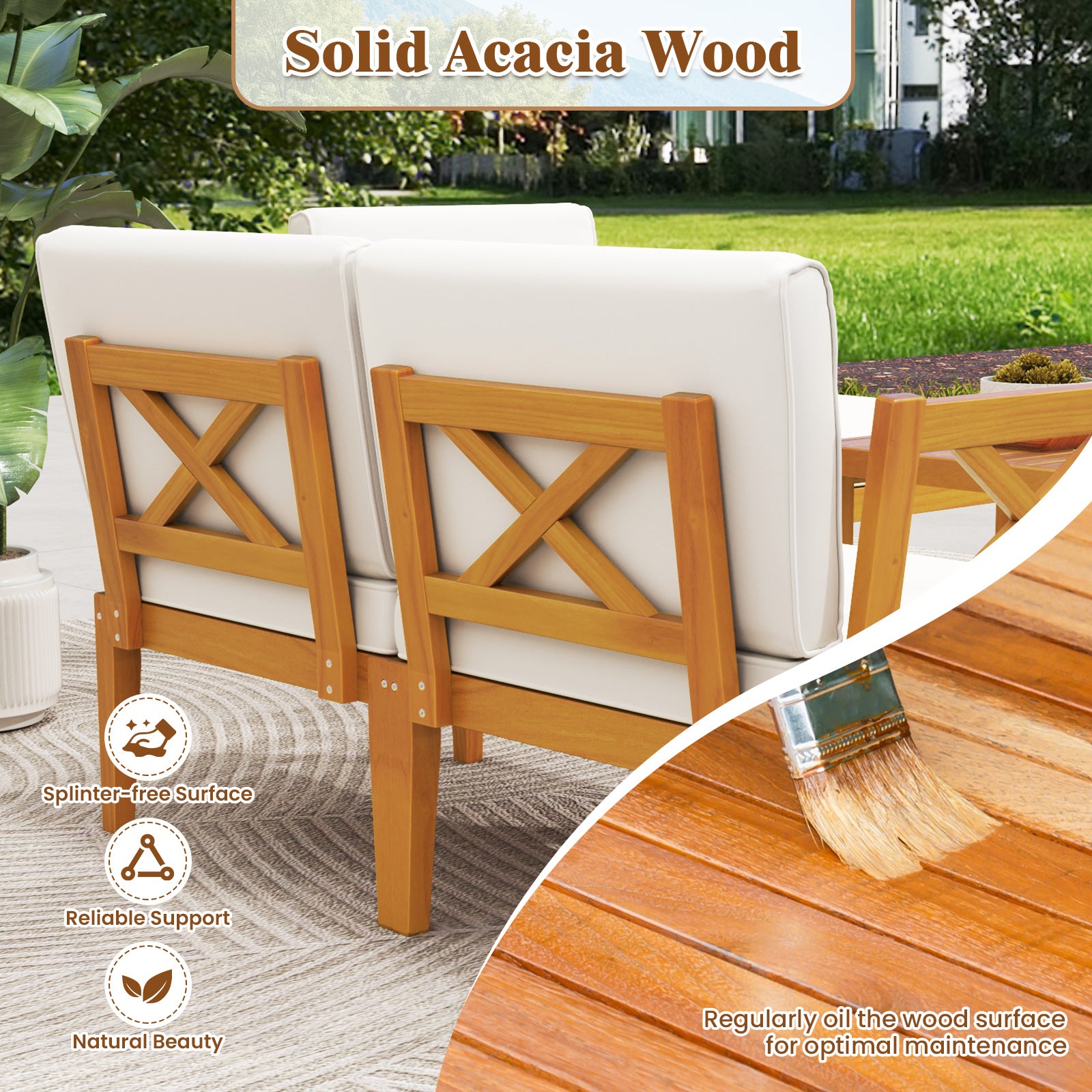 5 Pieces Acacia Wood Patio Furniture Set with 2-Tier Coffee Table and Cushions, White Patio Conversation Sets at Gallery Canada