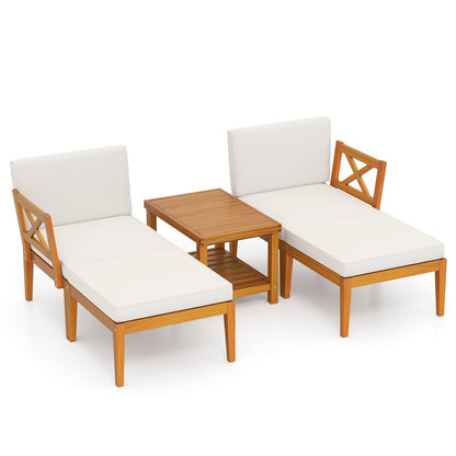 5 Pieces Acacia Wood Patio Chaise Lounge Chair Set with Ottoman and Cushions, White Patio Conversation Sets White at Gallery Canada