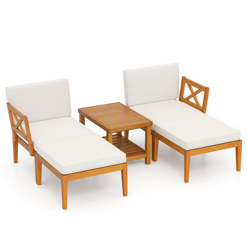 5 Pieces Acacia Wood Patio Chaise Lounge Chair Set with Ottoman and Cushions, White