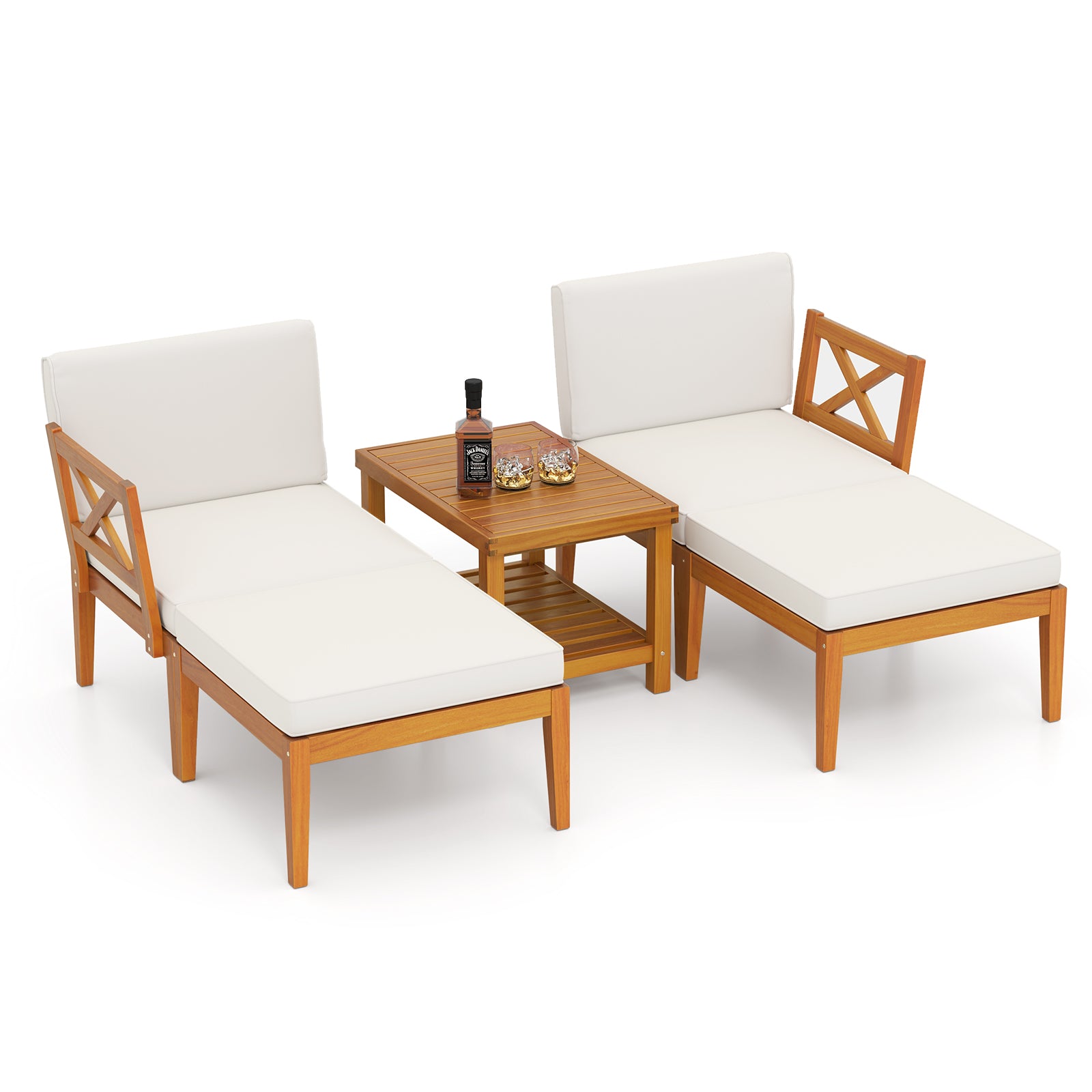 5 Pieces Acacia Wood Patio Chaise Lounge Chair Set with Ottoman and Cushions, White Patio Conversation Sets at Gallery Canada