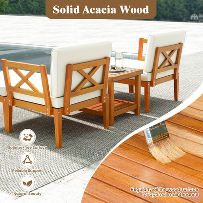 5 Pieces Acacia Wood Patio Chaise Lounge Chair Set with Ottoman and Cushions, White Patio Conversation Sets at Gallery Canada