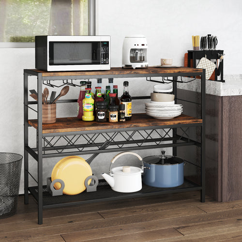 41 Inch 4-Tier Bar Table with Wine Rack and 4 Rows of Glass Holders, Rustic Brown