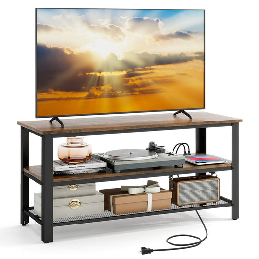 Industrial TV Stand, 50 Inches, Power Outlets, USB Ports, Rustic Brown
