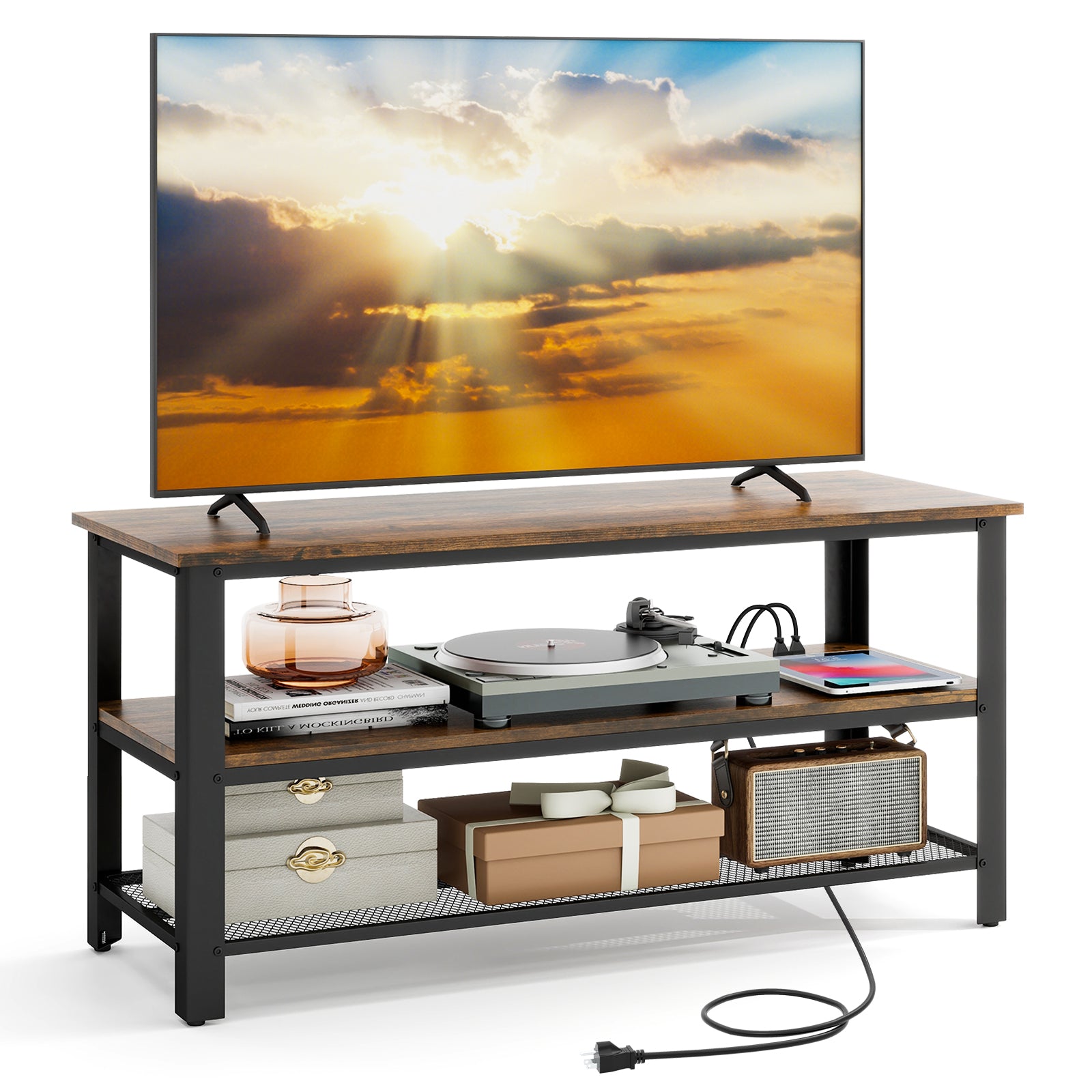 Industrial TV Stand, 50 Inches, Power Outlets, USB Ports, Rustic Brown Entertainment Centers & TV Stands Rustic Brown at Gallery Canada