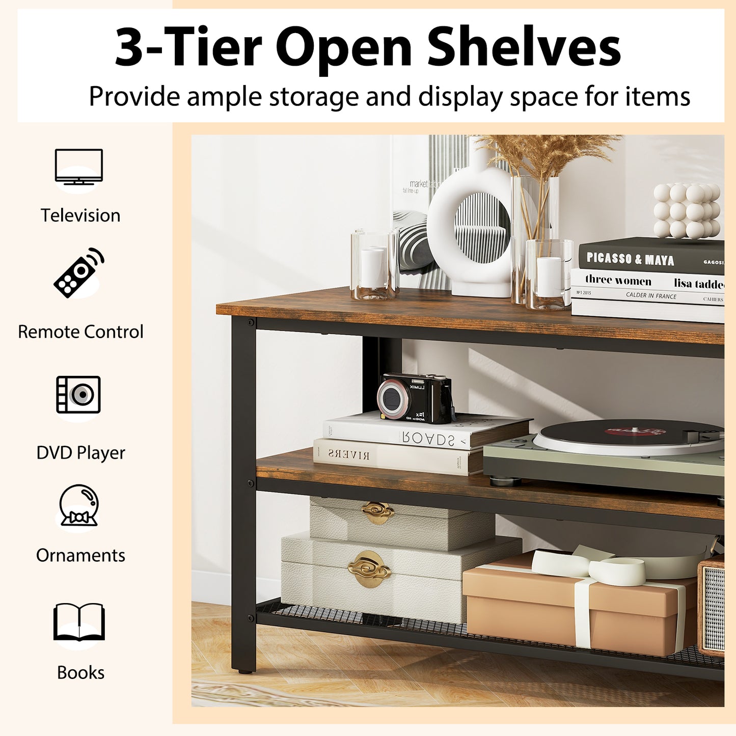 Industrial TV Stand up to 50 Inches with Power Outlets and USB Ports, Rustic Brown Entertainment Centers & TV Stands at Gallery Canada