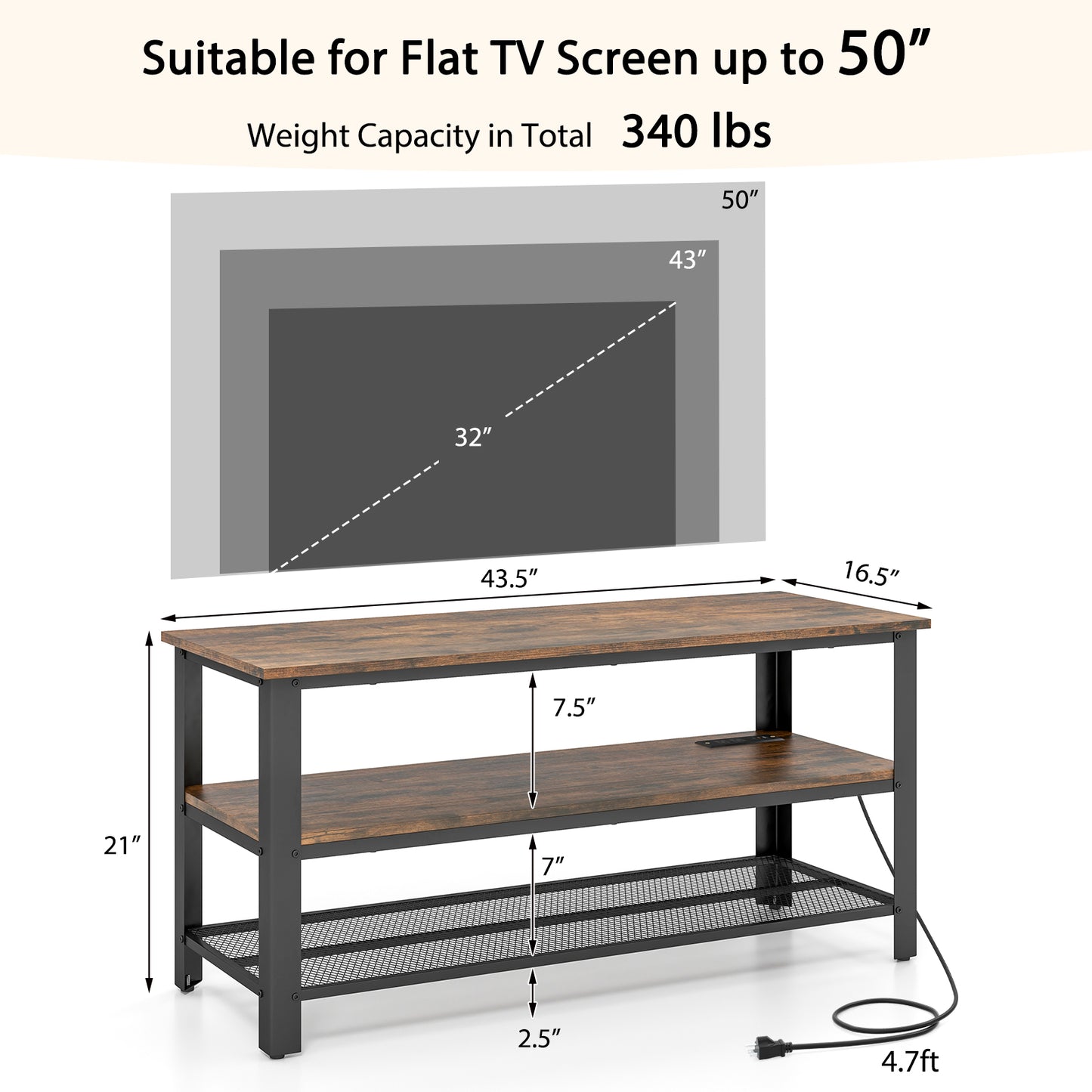 Industrial TV Stand up to 50 Inches with Power Outlets and USB Ports, Rustic Brown Entertainment Centers & TV Stands at Gallery Canada