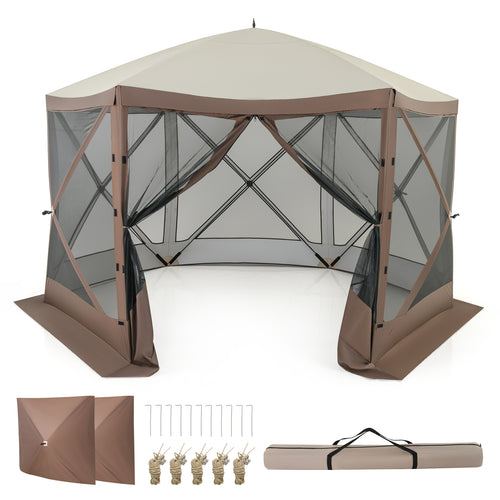 Pop-up Gazebo 6-sided Instant Setup Screen House Hub Tent with Mesh Netting Walls, Coffee