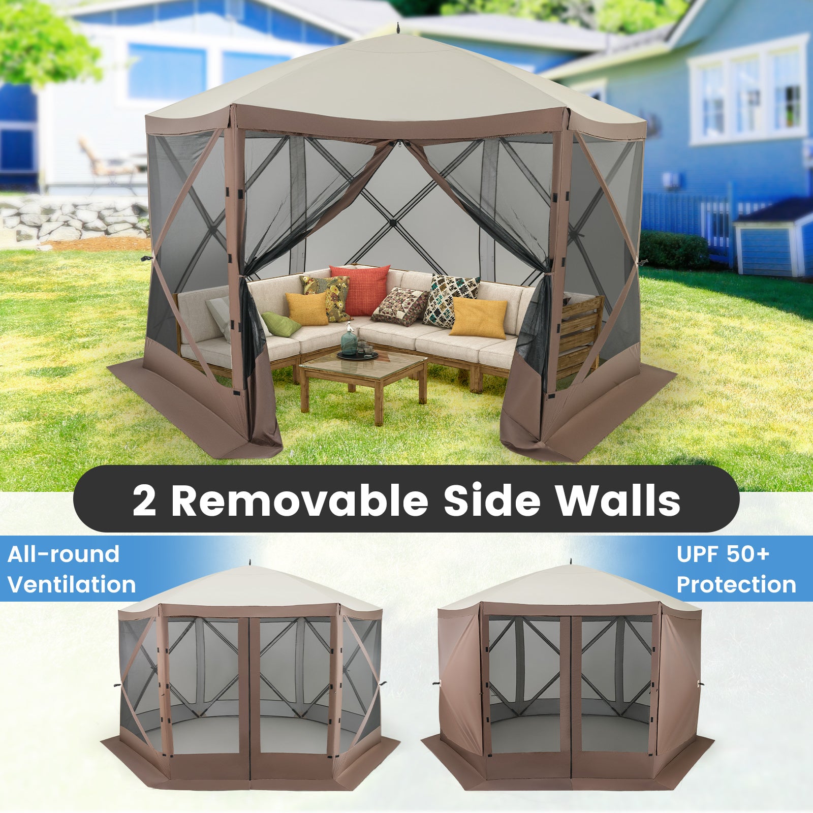 Pop-up Gazebo 6-sided Instant Setup Screen House Hub Tent with Mesh Netting Walls, Coffee Tents at Gallery Canada