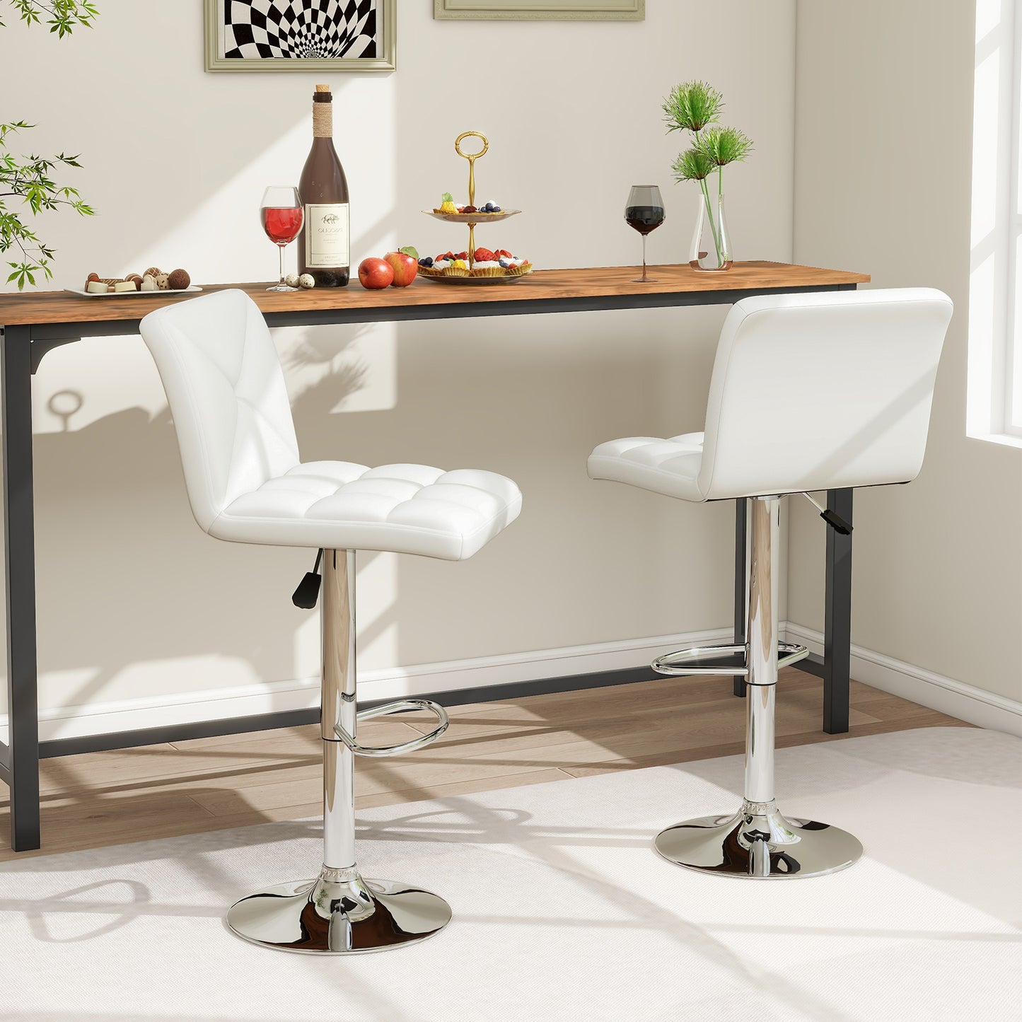 PU Leather Upholstered Bar Stools Set of 2 with Back and Adjustable Height, White Bar Stools at Gallery Canada