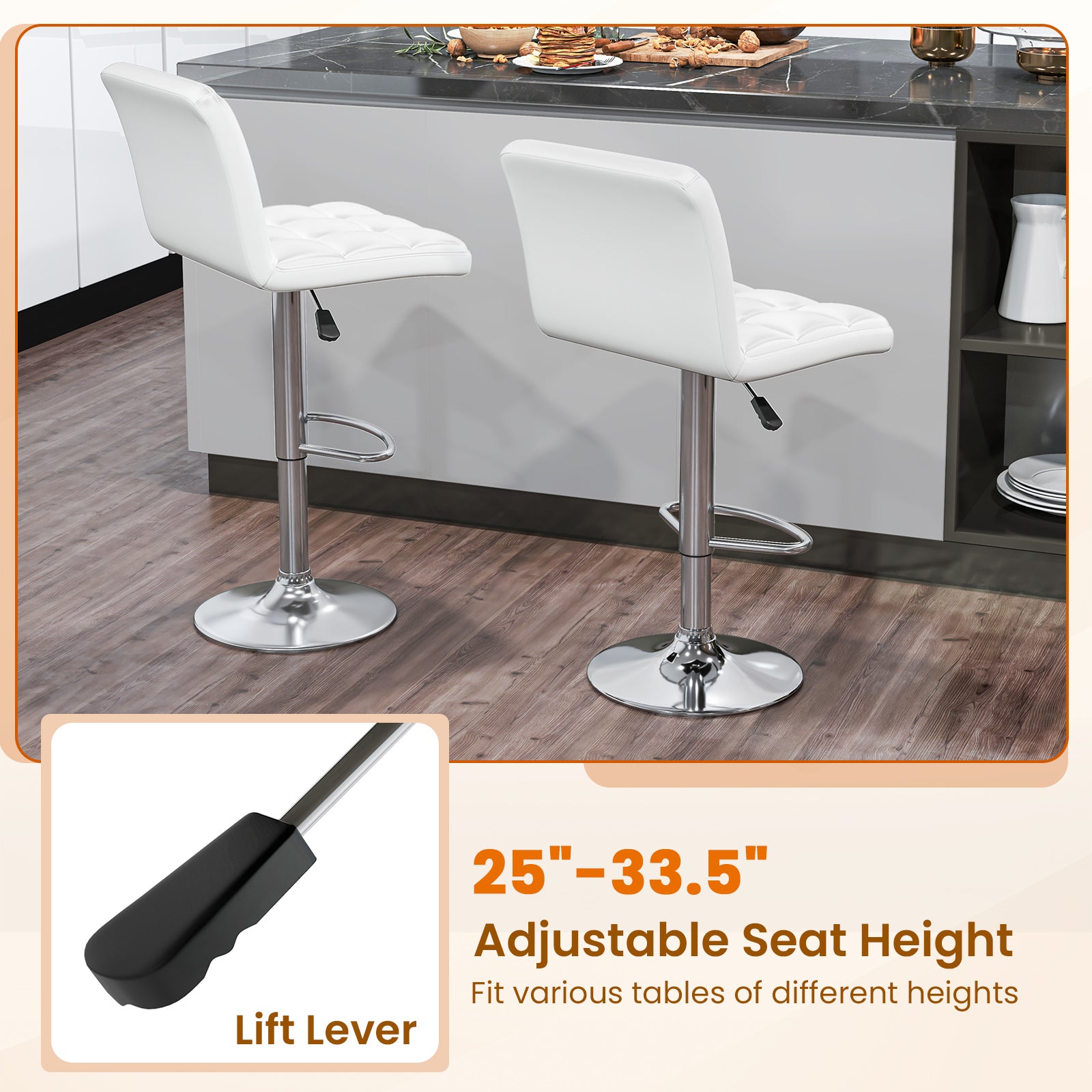 PU Leather Upholstered Bar Stools Set of 2 with Back and Adjustable Height, White Bar Stools at Gallery Canada