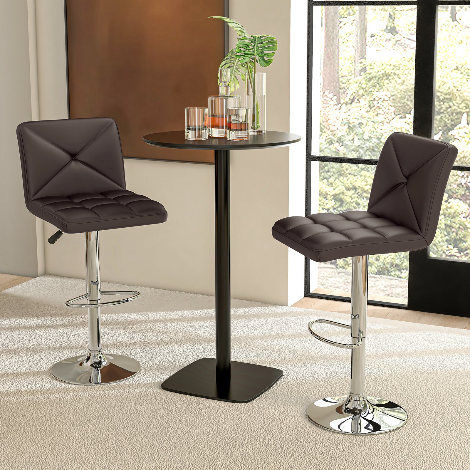 PU Leather Upholstered Bar Stools Set of 2 with Back and Adjustable Height, Brown Bar Stools at Gallery Canada