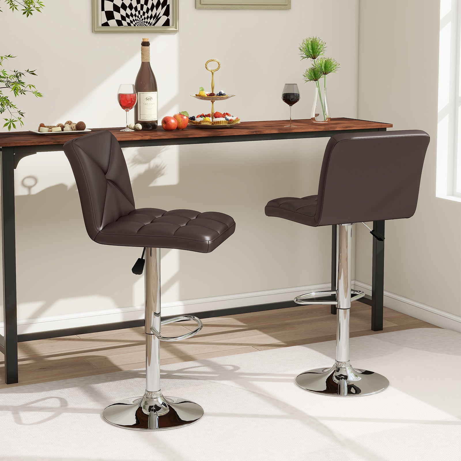 PU Leather Upholstered Bar Stools Set of 2 with Back and Adjustable Height, Brown Bar Stools at Gallery Canada