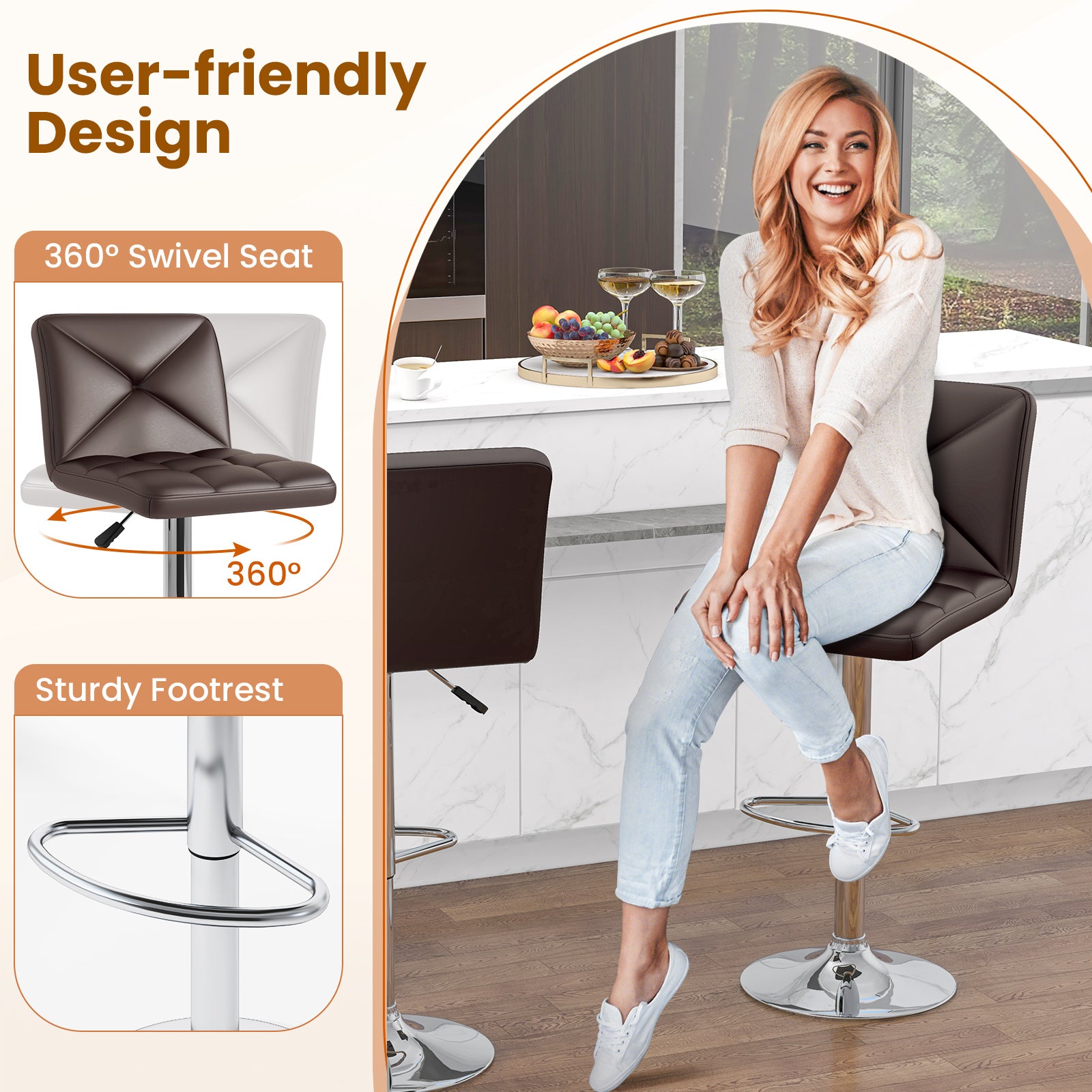 PU Leather Upholstered Bar Stools Set of 2 with Back and Adjustable Height, Brown Bar Stools at Gallery Canada