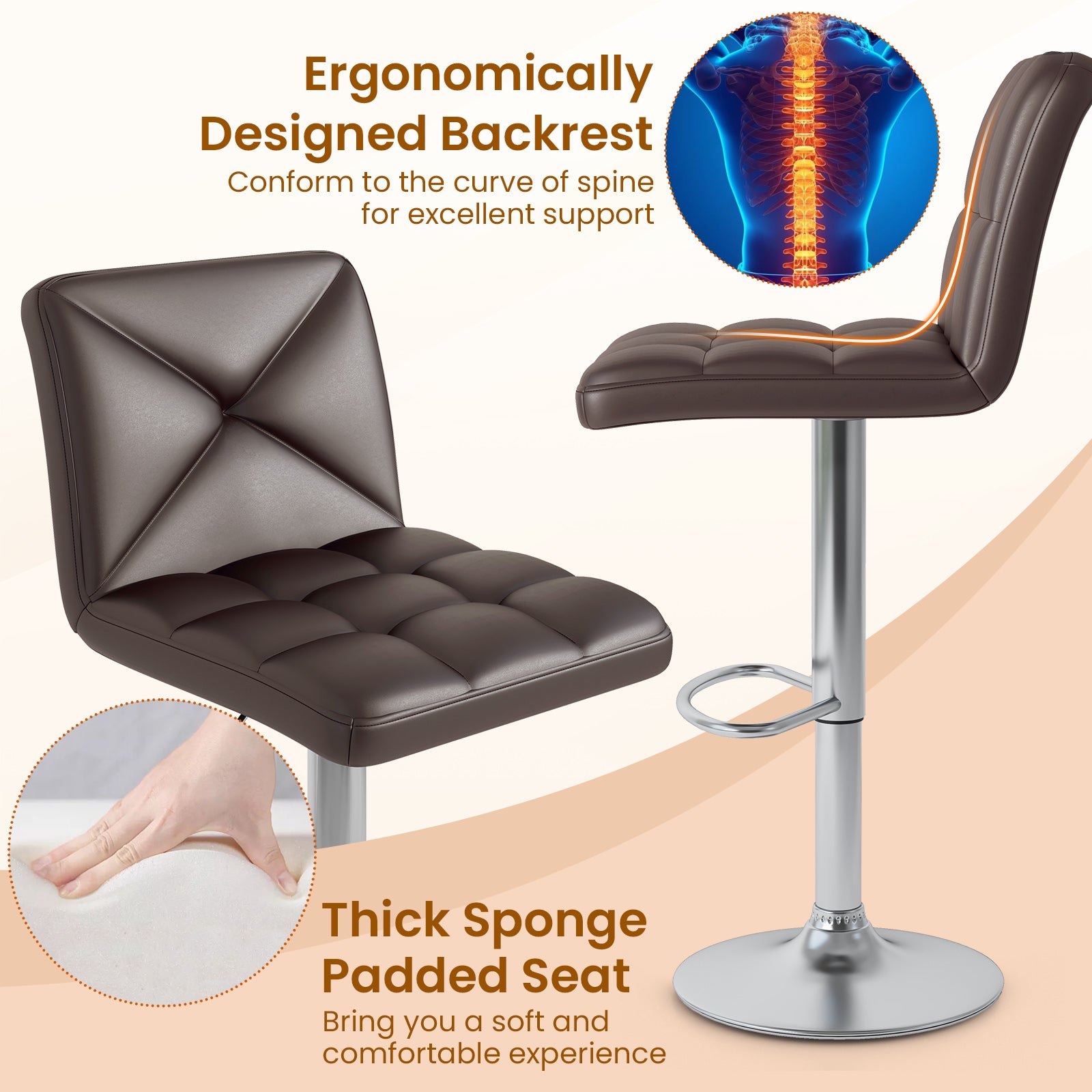 PU Leather Bar Stools, Set of 2, Adjustable Height, Brown Bar Stools at Gallery Canada