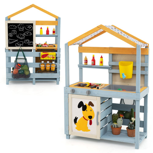 2 In 1 Wooden Mud Kitchen, Removable Water Box, Gray