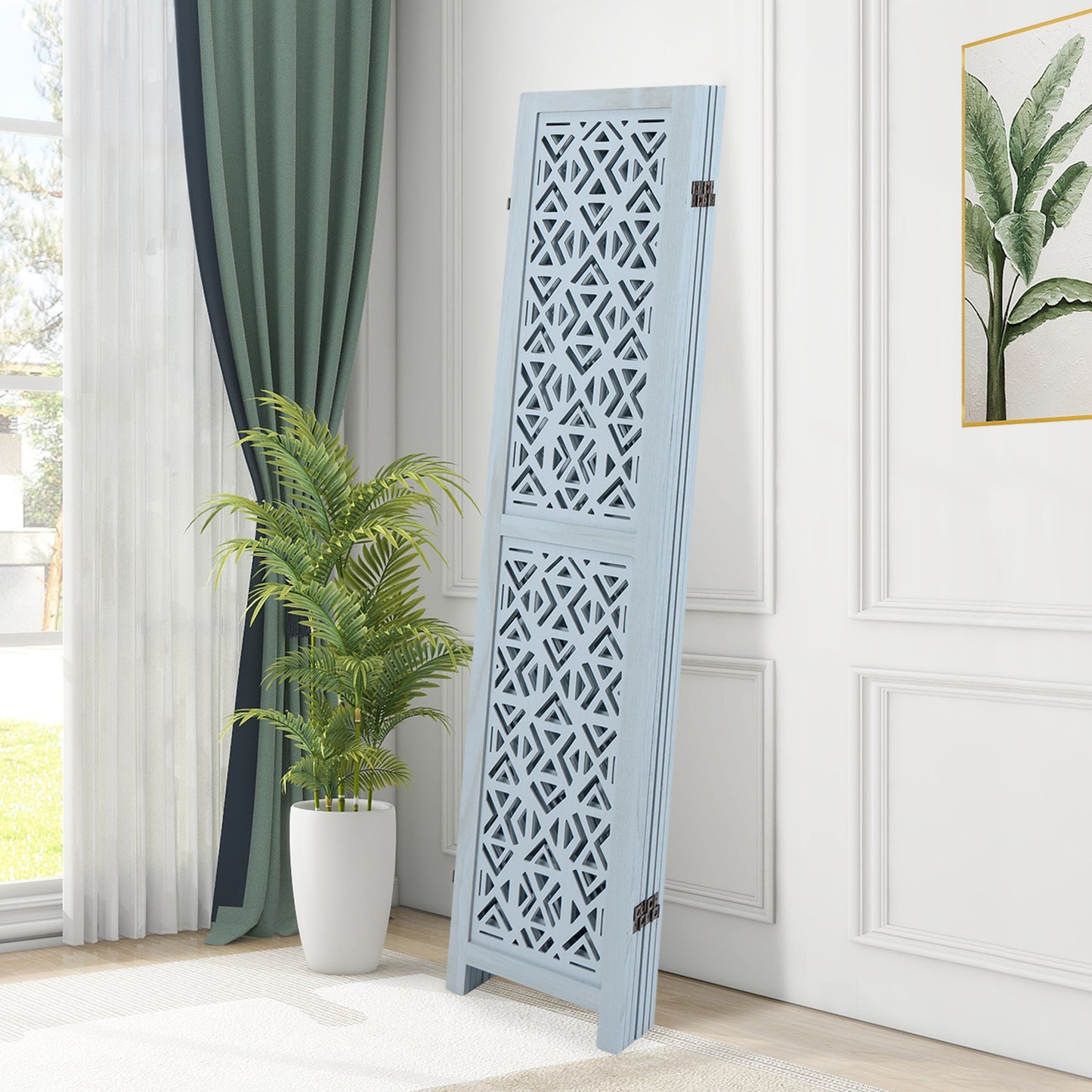 4/6 Panel Wooden Room Divider with Carved Cutout Pattern and Solid Wood Frame-6 Panel, Blue Room Dividers at Gallery Canada