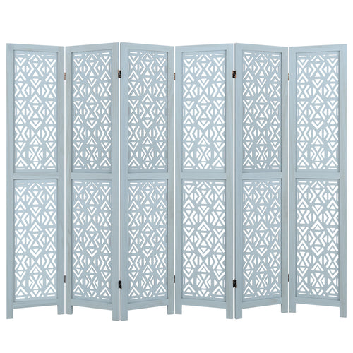 4/6 Panel Wooden Room Divider with Carved Cutout Pattern and Solid Wood Frame-6 Panel, Blue
