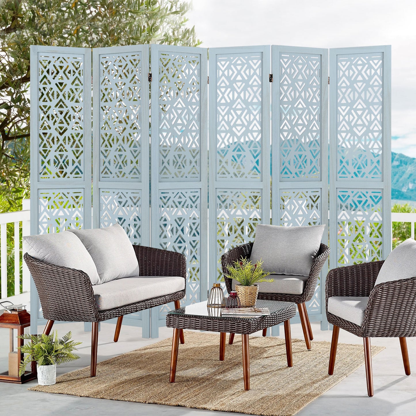 4/6 Panel Wooden Room Divider with Carved Cutout Pattern and Solid Wood Frame-6 Panel, Blue Room Dividers at Gallery Canada