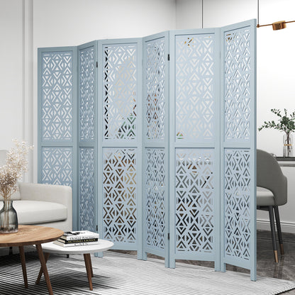 4/6 Panel Wooden Room Divider with Carved Cutout Pattern and Solid Wood Frame-6 Panel, Blue Room Dividers at Gallery Canada