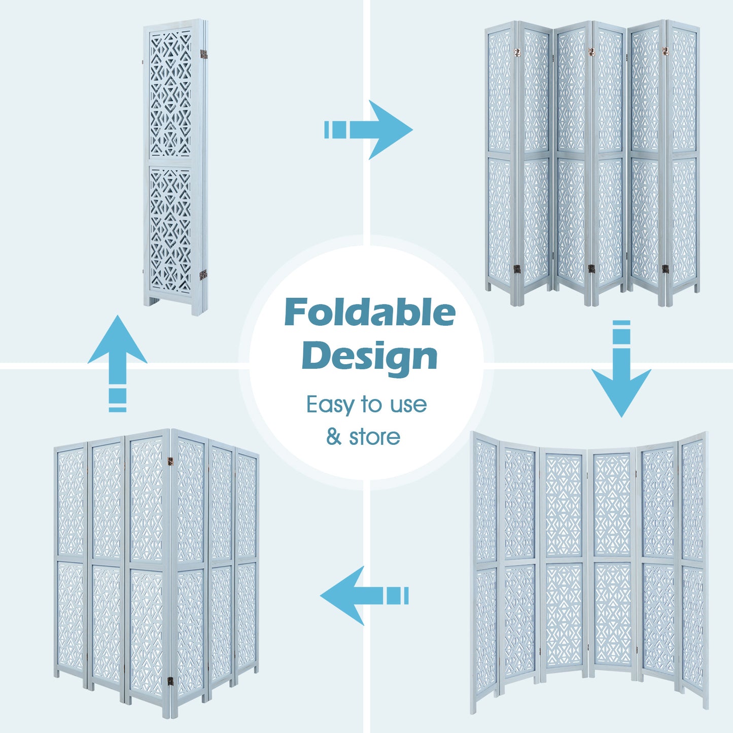 4/6 Panel Wooden Room Divider with Carved Cutout Pattern and Solid Wood Frame-6 Panel, Blue Room Dividers at Gallery Canada