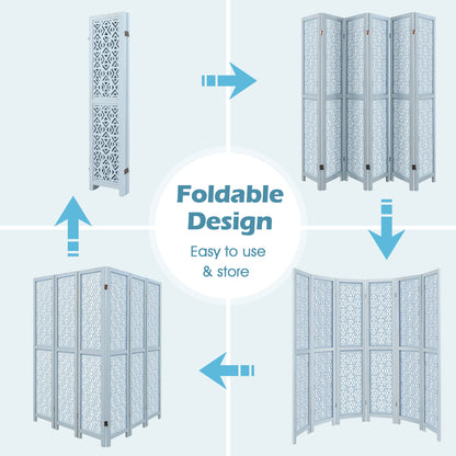 4/6 Panel Wooden Room Divider with Carved Cutout Pattern and Solid Wood Frame-6 Panel, Blue Room Dividers at Gallery Canada