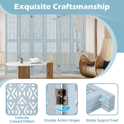 4/6 Panel Wooden Room Divider with Carved Cutout Pattern and Solid Wood Frame-6 Panel, Blue Room Dividers at Gallery Canada