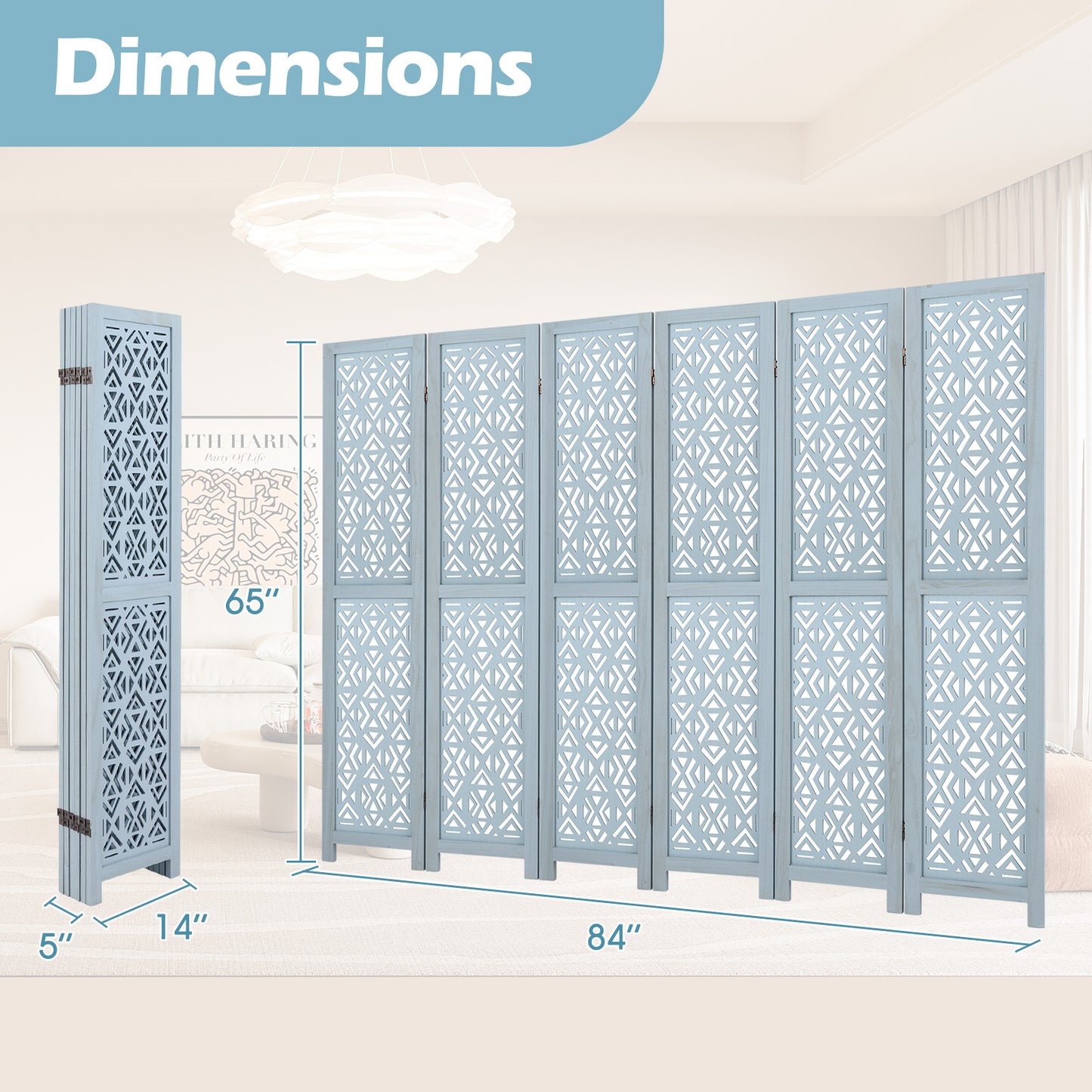 4/6 Panel Wooden Room Divider with Carved Cutout Pattern and Solid Wood Frame-6 Panel, Blue Room Dividers at Gallery Canada