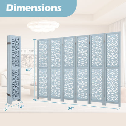 4/6 Panel Wooden Room Divider with Carved Cutout Pattern and Solid Wood Frame-6 Panel, Blue Room Dividers at Gallery Canada