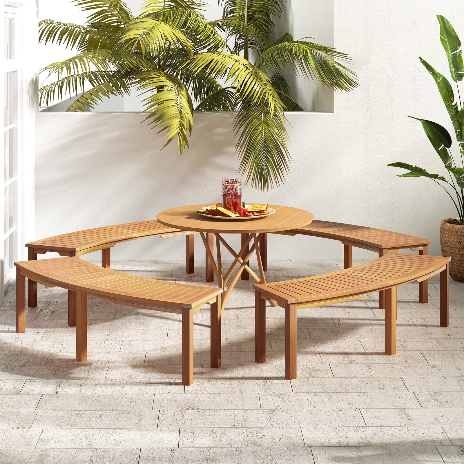 Outdoor Curved Acacia Wood Fire Pit Bench with Slatted Seat-Set of 2, Natural Outdoor Benches at Gallery Canada