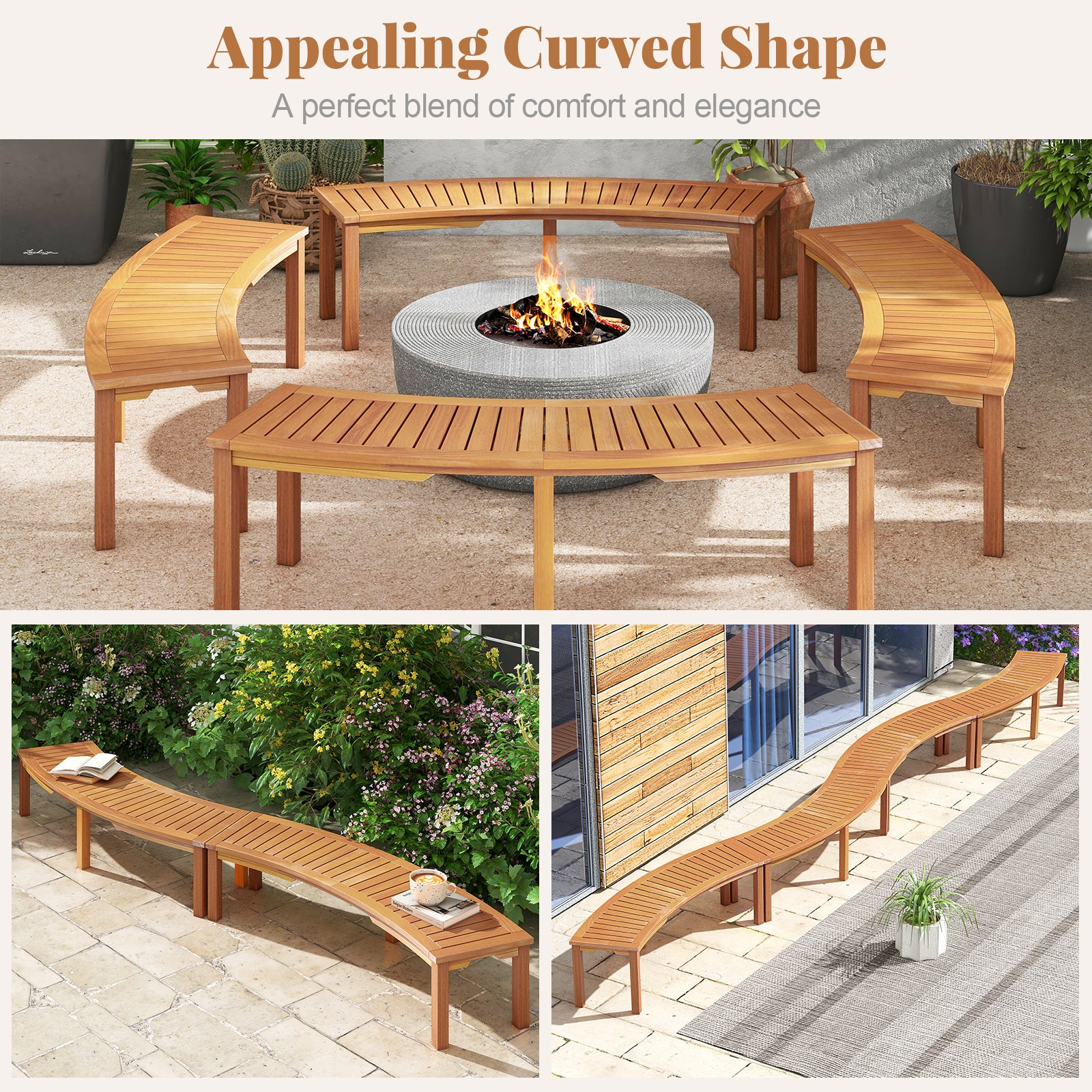 Outdoor Curved Acacia Wood Fire Pit Bench with Slatted Seat-Set of 2, Natural Outdoor Benches at Gallery Canada