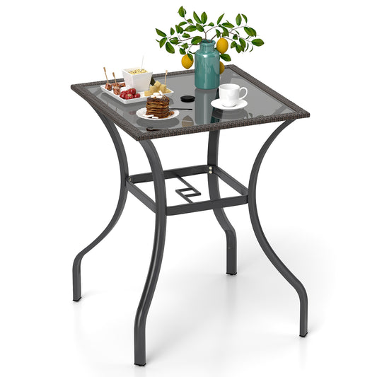28.5 Inch Square Glass Top Table, Rattan Edging, Brown Patio Bar Furniture Brown at Gallery Canada