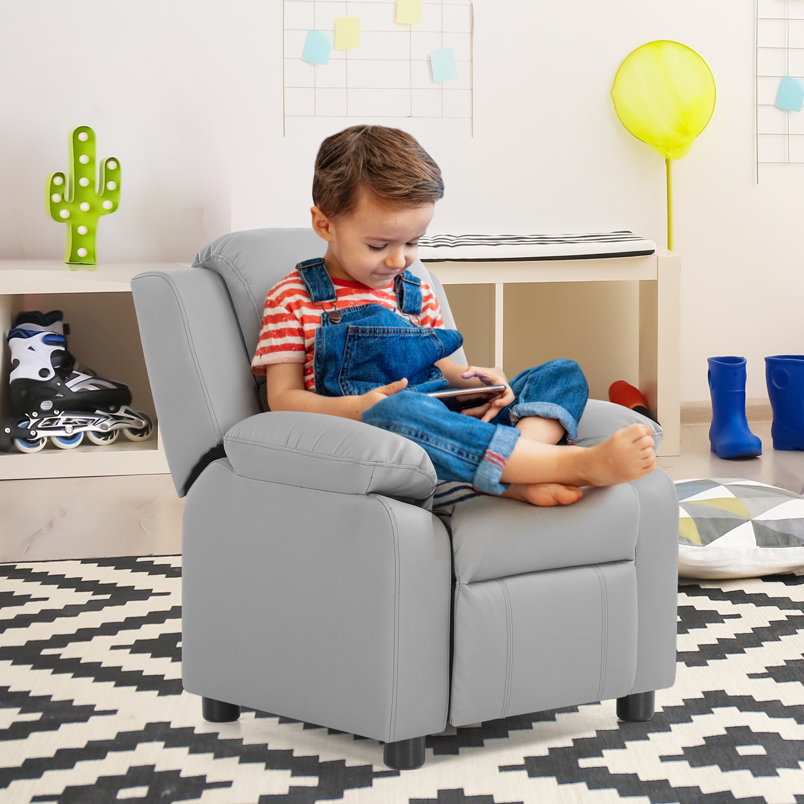 Kids Deluxe Headrest Recliner Sofa Chair with Storage Arms, Gray Kids Chairs & Seating at Gallery Canada