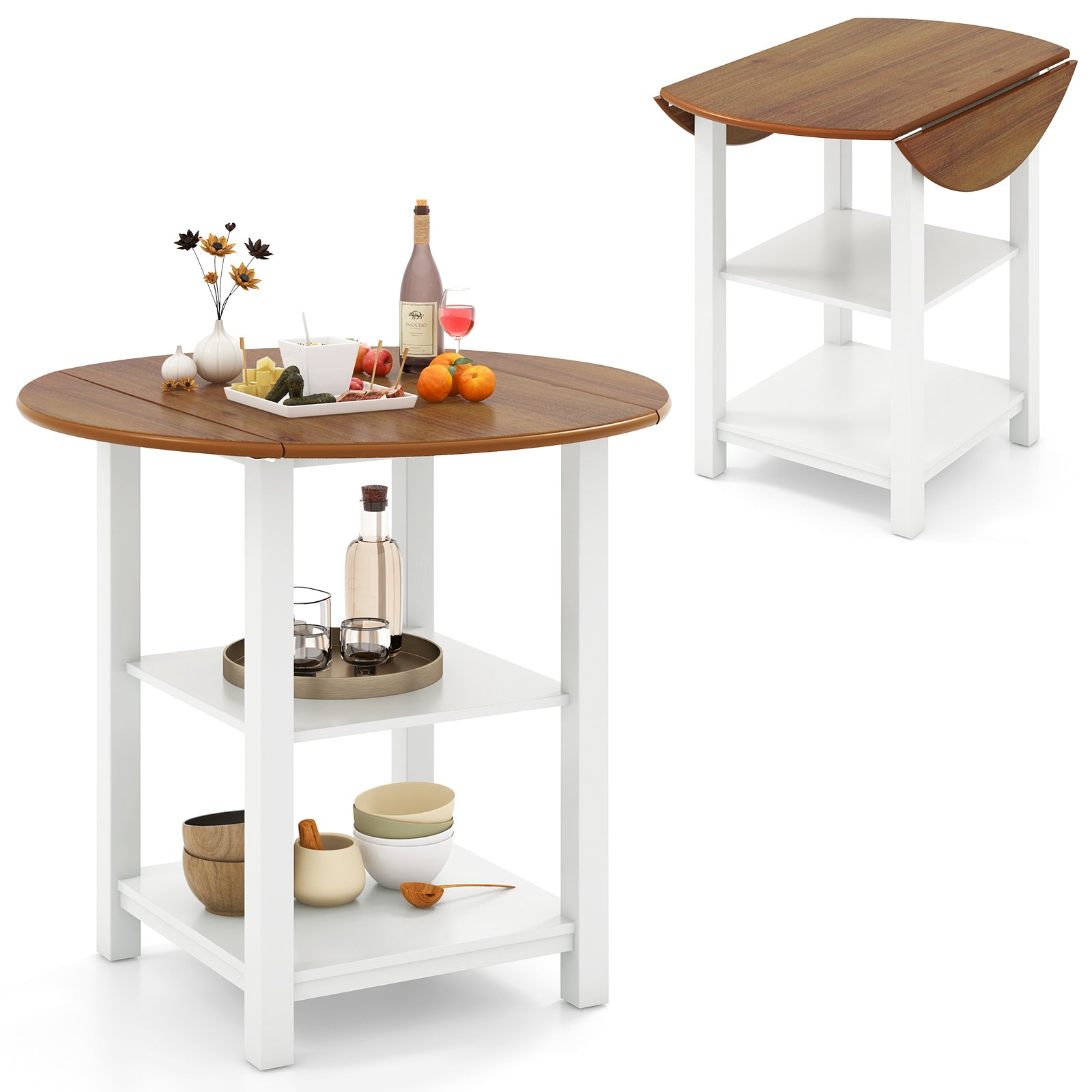 Folding Round Dining Table Drop Leaf Table with 2 Shelves for Small Spaces, White Dining Tables at Gallery Canada