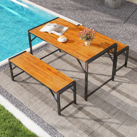 3 Piece Patio Dining Set, Acacia Wood Table And 2 Benches, Natural Patio Dining Sets Natural at Gallery Canada