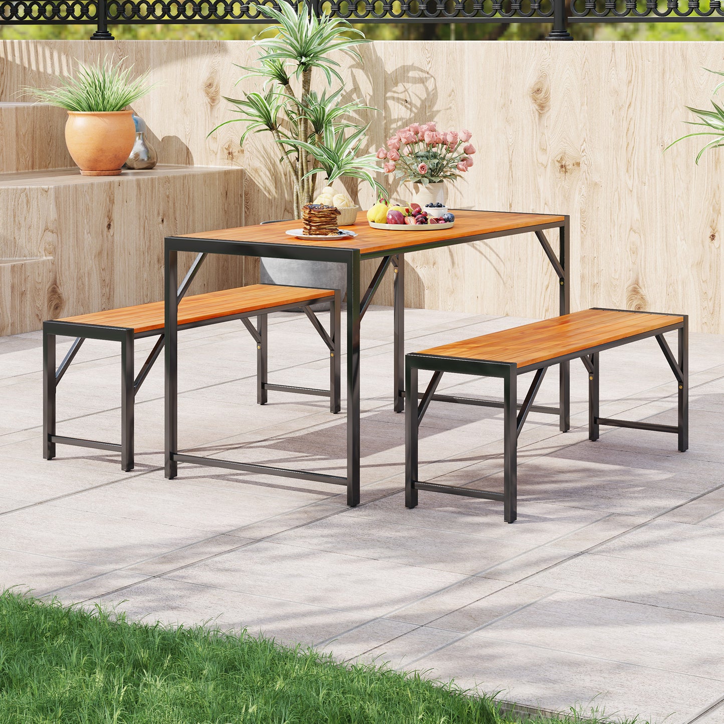 3 Piece Patio Dining Set, Acacia Wood Table And 2 Benches, Natural Patio Dining Sets at Gallery Canada