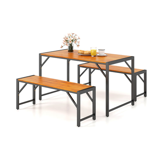 3 Piece Patio Dining Set, Acacia Wood Table And 2 Benches, Natural Patio Dining Sets Natural at Gallery Canada
