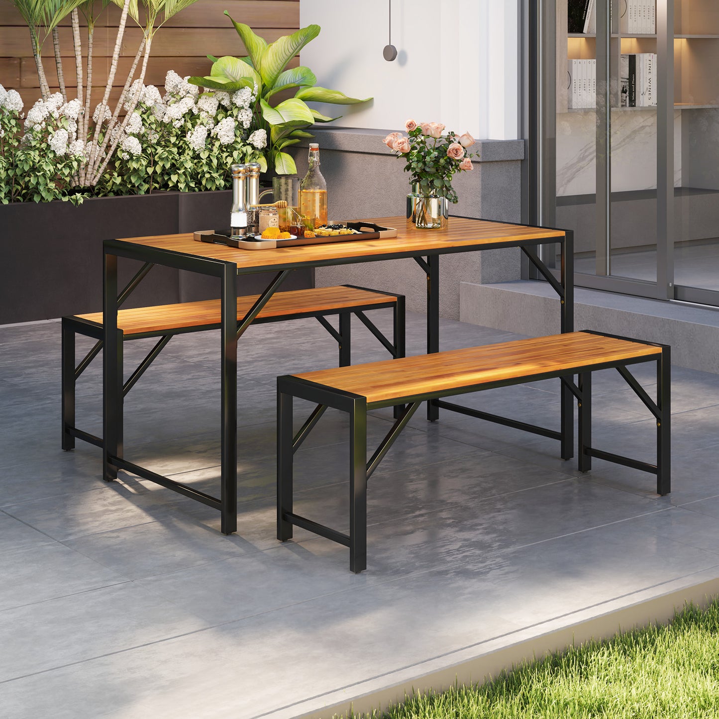 3 Piece Patio Dining Set, Acacia Wood Table And 2 Benches, Natural Patio Dining Sets at Gallery Canada