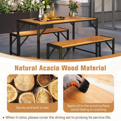 3 Piece Patio Dining Set, Acacia Wood Table And 2 Benches, Natural Patio Dining Sets at Gallery Canada