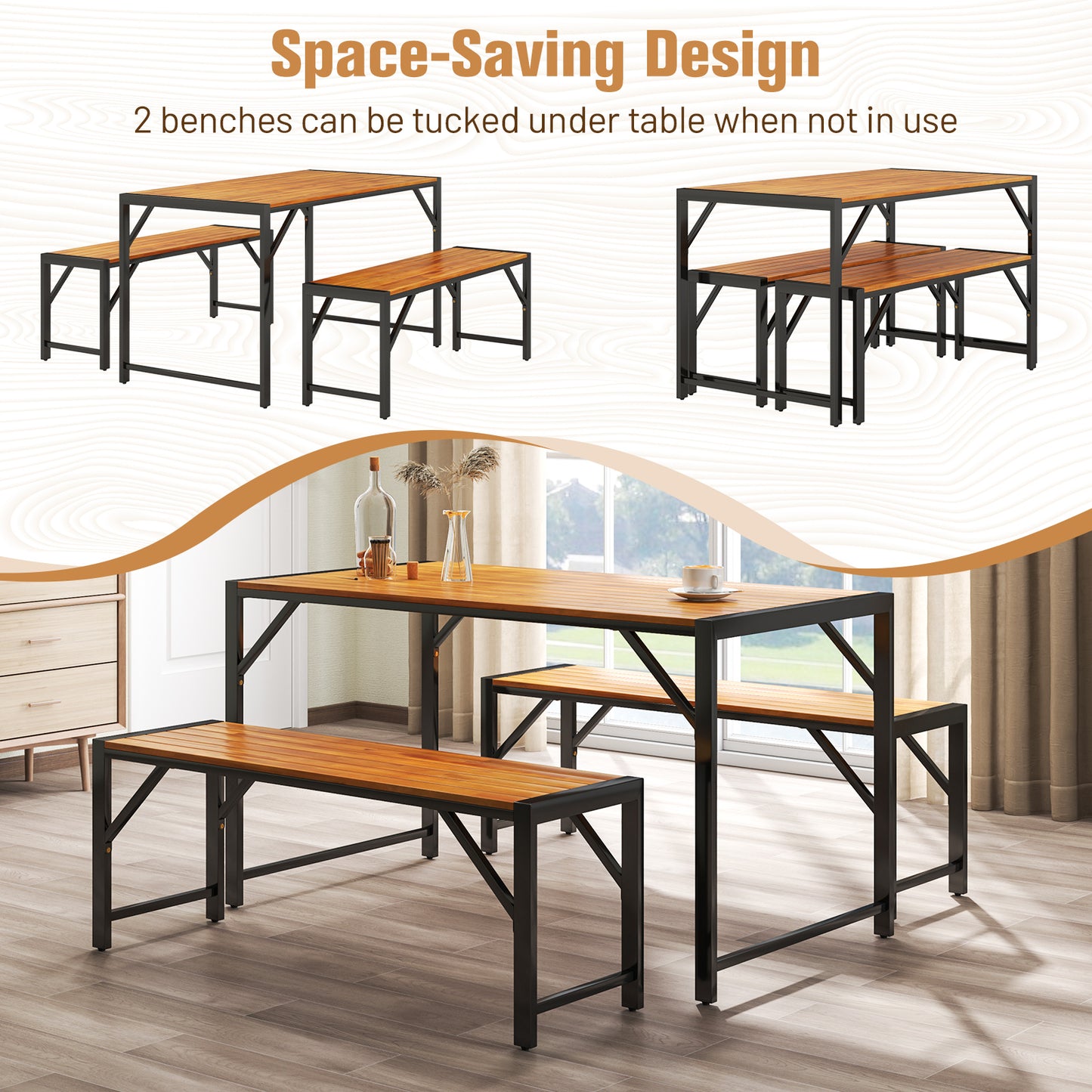 3 Piece Patio Dining Set, Acacia Wood Table And 2 Benches, Natural Patio Dining Sets at Gallery Canada