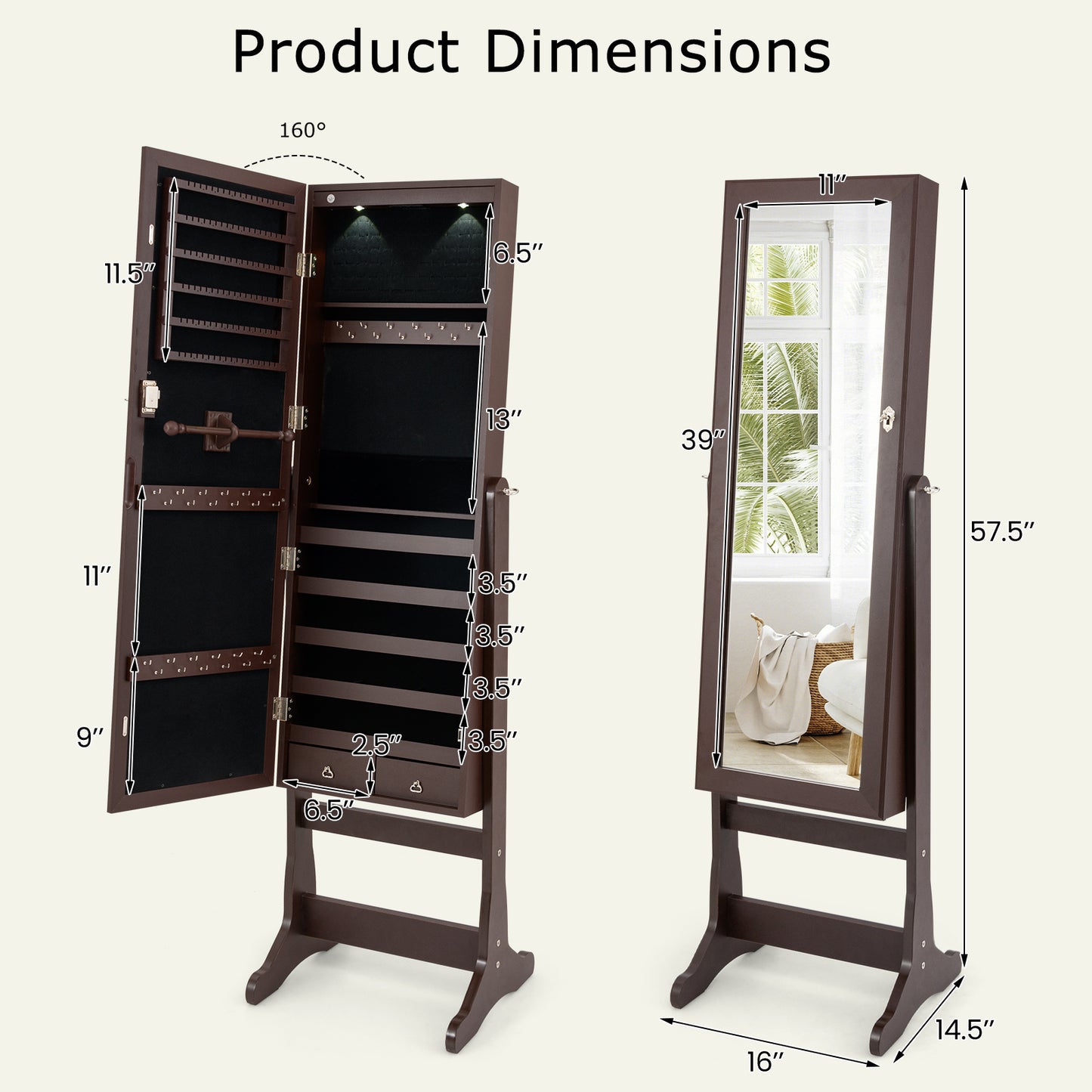 Lockable Mirrored Jewelry Cabinet With Stand And Led Lights, Brown