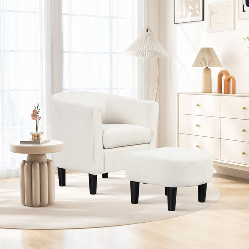 Upholstered Teddy Velvet Club Barrel Chair with Ottoman with Footrest, Beige