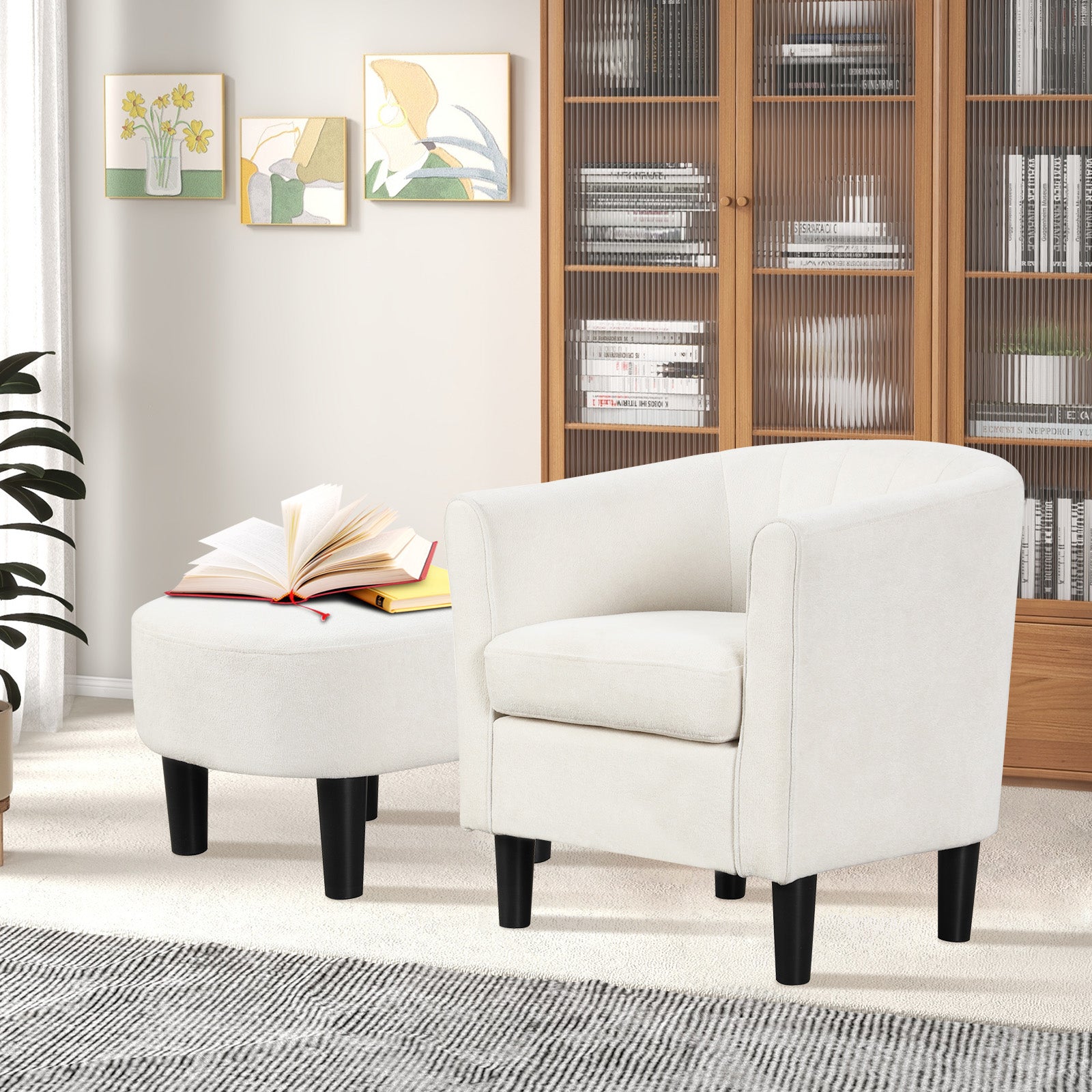 Upholstered Teddy Velvet Club Barrel Chair with Ottoman with Footrest, Beige Ottomans at Gallery Canada