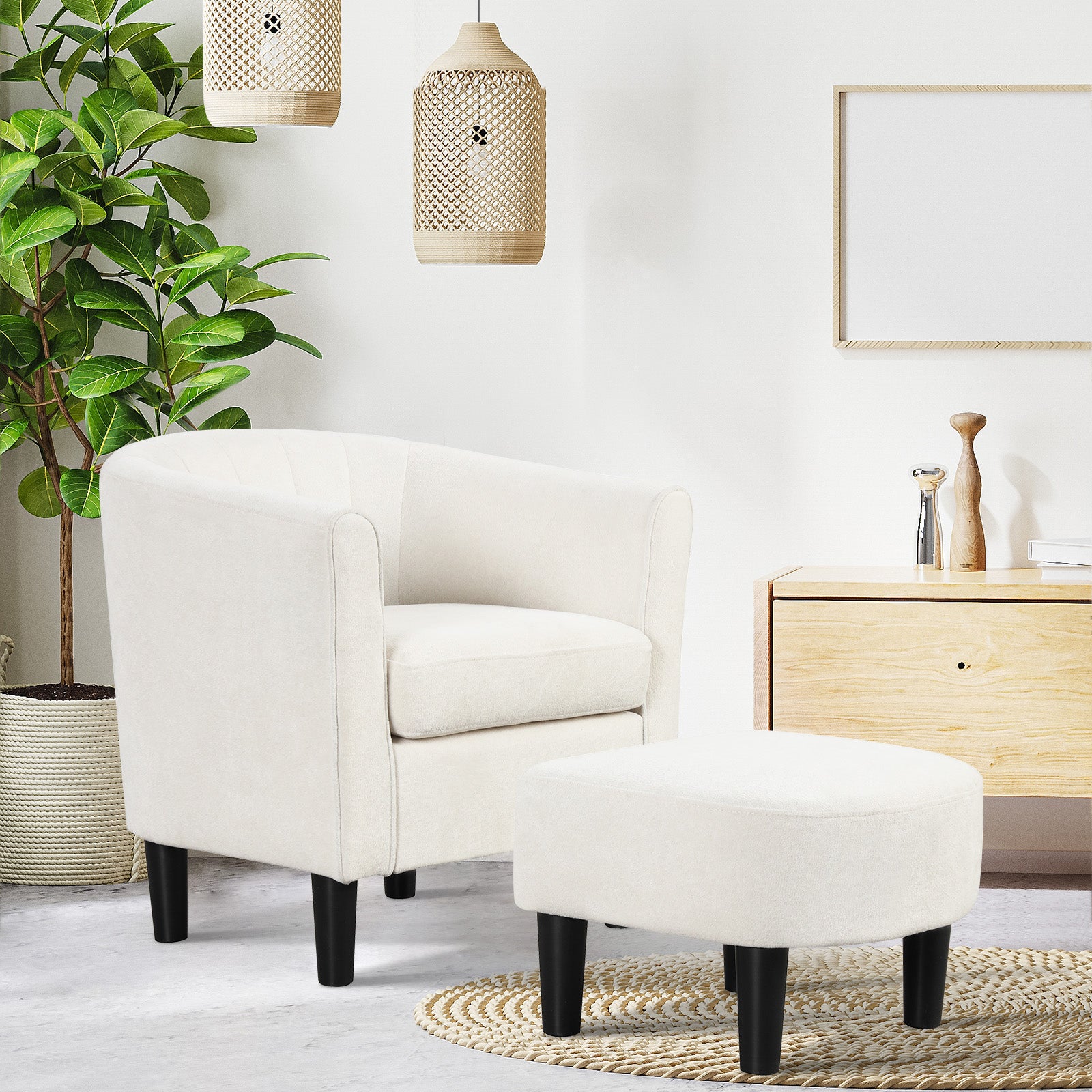 Upholstered Teddy Velvet Club Barrel Chair with Ottoman with Footrest, Beige Ottomans at Gallery Canada